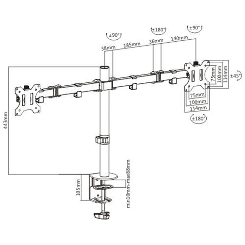 Brateck Dual Screens Economical Double Joint Articulating Steel Monitor Arm Fit Most 13’’-32’’ Monitors Up to 8kg per screen VESA 75x75/100x10 thumbnail 2