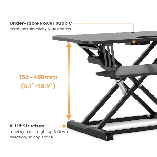 Brateck COST-EFFECTIVE ELECTRIC X-LIFT DESK CONVERTER 615x800x156~480mm up to 20kg, Black, Worksurface Size(LxW): 800x400mm thumbnail 3