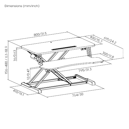 Brateck COST-EFFECTIVE ELECTRIC X-LIFT DESK CONVERTER 615x800x156~480mm up to 20kg, Black, Worksurface Size(LxW): 800x400mm thumbnail 4