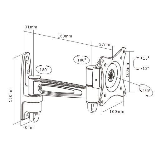 Brateck Single Monitor Wall Mount tilting & Swivel Wall Bracket Mount VESA 75mm/100mm For most 13''-27” LED, LCD flat panel TVs; up to 15kg gallery 2