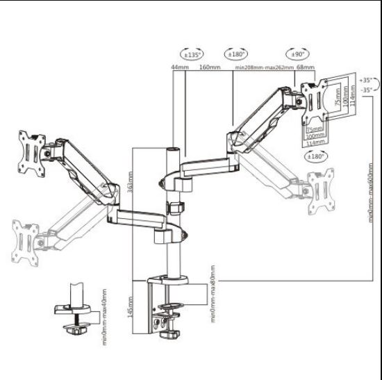 Brateck Dual Monitor Full Extension Gas Spring Dual Monitor Arm (independent Arms) Fit Most 17"-32" Monitors Up to 8kg per screen VESA 75x75/100x100 thumbnail 3