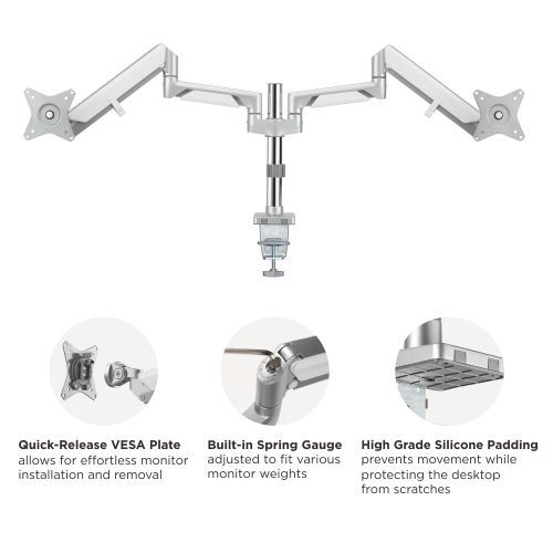 Brateck Dual Monitors Pole-Mounted Epic Gas Spring Aluminum Monitor Arm Fit Most 17"-32" Monitors, Up to 9kg per screen VESA 75x75/100x100 Grey gallery 4