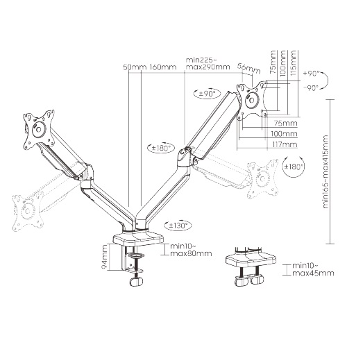 Brateck Cost-Effective Spring-Assisted Dual Monitor Arm Fit Most 17"-32" Monitor Up to 9KG VESA 75x75,100x100(Black) gallery 4