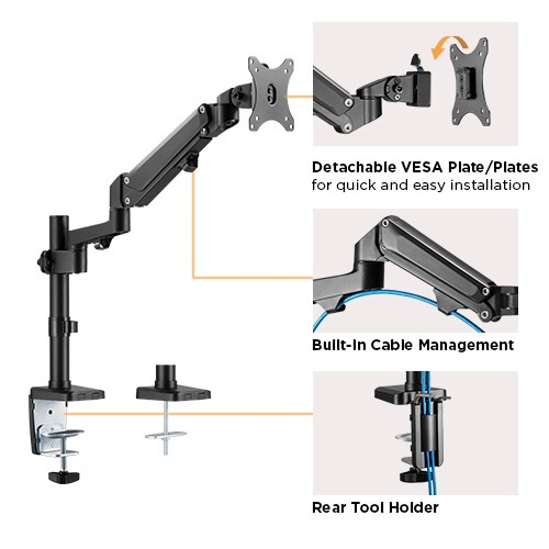 Brateck Single Monitor Heavy-Duty Aluminum Gas Spring Monitor Arm Fit Most 17" - 35" Monitors Up to12kg per screen VESA 75x75/100x100 thumbnail 4