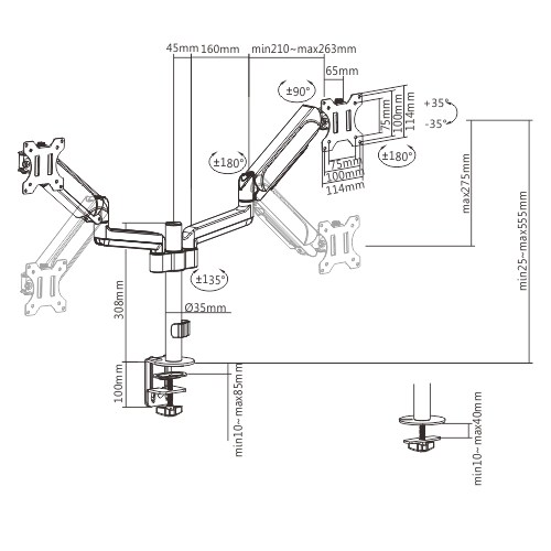 Brateck Dual Monitors Pole-Mounted Gas Spring Monitor Arm Fit Most 17"-32" Monitors Up to 9kg per screen VESA 75x75/100x100 thumbnail 2