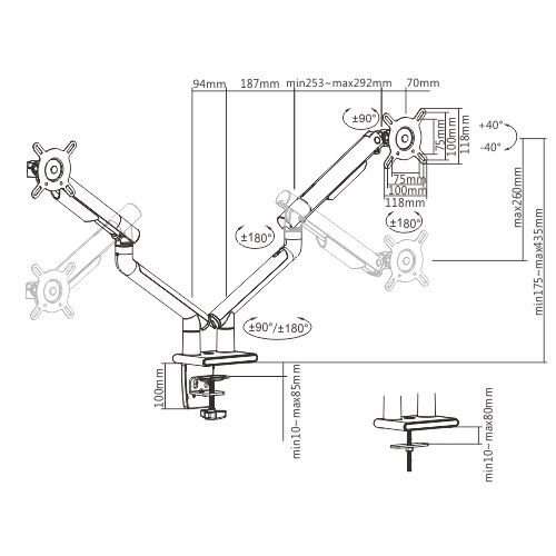 Brateck Dual Monitor Premium Slim Aluminum Spring-Assisted Monitor Arm Fix Most 17"-32" Monitor Up to 9kg per screen VESA 75x75/100x100 (Grey) thumbnail 2