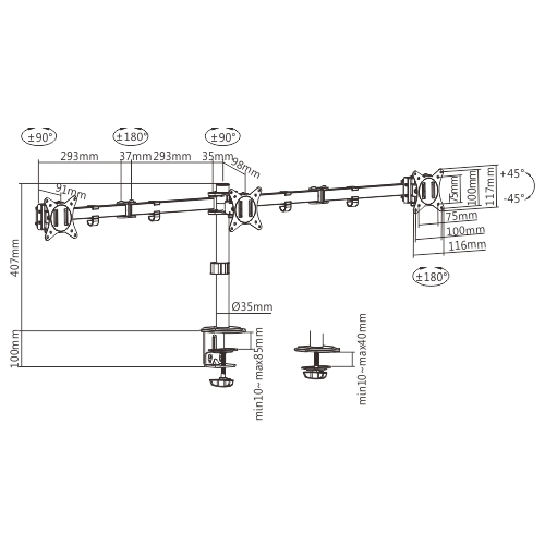 Brateck Triple-Monitor Steel Articulating Monitor Mount Fit Most 17"-27" Monitor Weight Capacity (per screen):7kg, VESA: 75x75,100x100(Black) gallery 4