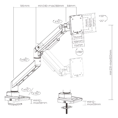 Brateck Fabulous Desk-Mounted Heavy-Duty Gas Spring Monitor Arm Fit Most 17"-49" Monitor Up to 20KG VESA 75x75,100x100 (Black) （LS） thumbnail 4