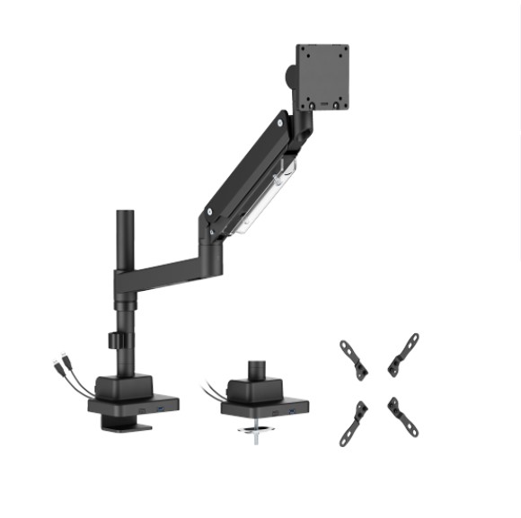 Brateck LDT80-C012UCP Super Heavy-Duty Pole-Mounted Gas Spring Monitor Arm with USB-A and USB-C Ports, Matte Black
