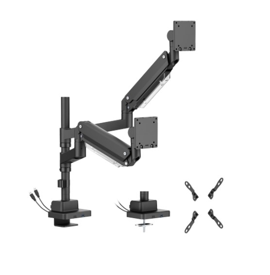 Brateck LDT80-C024UCP Matte Black Super Heavy-Duty Pole-Mounted Gas Spring Dual Monitor Arm with USB-A and USB-C Ports For most 24"-57" Monitors