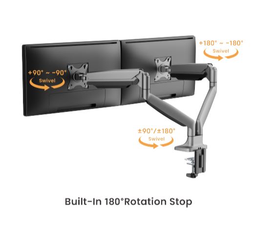 Brateck LDT82-C024UC Dual Screen Heavy-Duty Gas Spring Monitory Arm with USB Ports For most 17"~35" Monitors, Matte Silver thumbnail 4