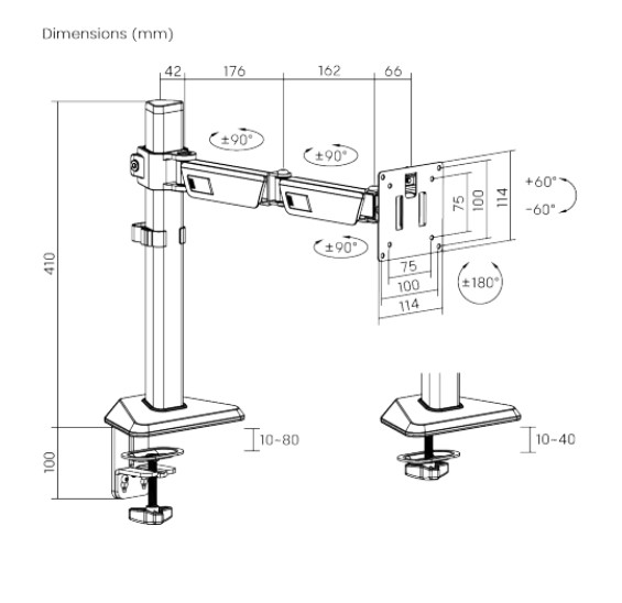 Brateck LDT89-C012 Amethyst Articulating Gaming Monitor Arm Matte Black, Fit Screen Size: 17"-40" Up to 12 KG, VESA 75x75,100x100 gallery 3
