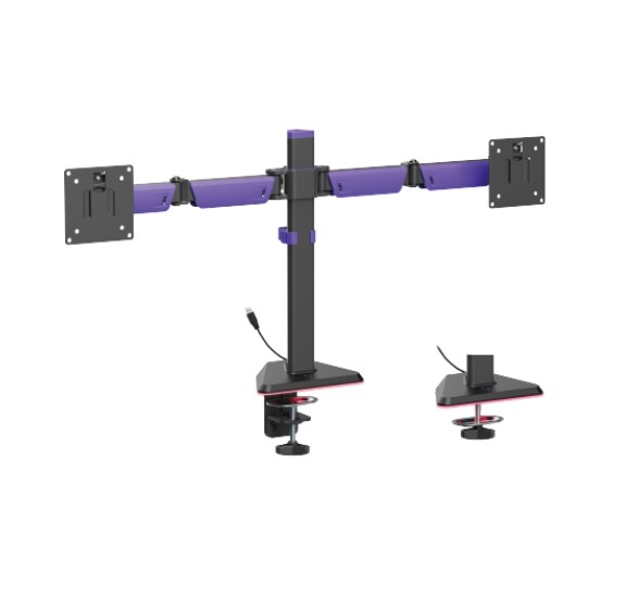 Brateck LDT89-C024L Matte Black Amethyst Articulating RGB Lighting Gaming Dual Monitor Arm, Fit Screen Size: 17"-32"