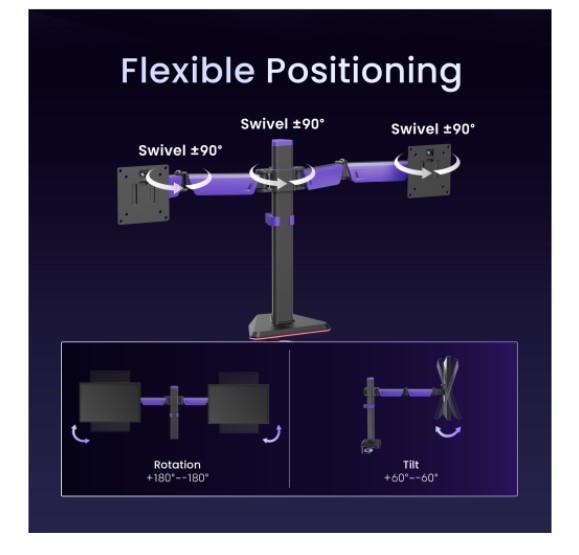 Brateck LDT89-C024 Matte Black Amethyst Articulating Gaming Dual Monitor Arm, Fit Screen Size: 17"-32", Screen Quantity: 2 gallery 2
