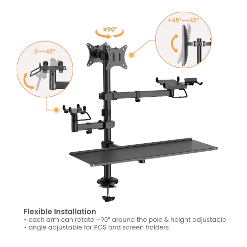 Brateck POS Mounting Solution For Dual Screens (with keyboard tray), Fit Screen Size:17"-32"m, Weight Capacity (per screen): 9kg thumbnail 3